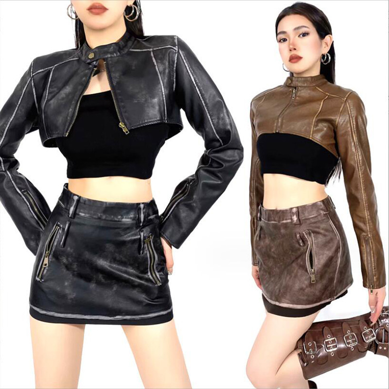 2023 m. gatvės apranga, moteriška plona O formos iškirptė dirbtinės odos trumpa striukė, senovinė moteriška, užtrauktuku užsegama saga Moto motociklininko paltai