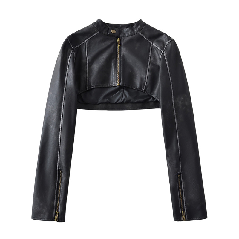 2023 m. gatvės apranga, moteriška plona O formos iškirptė dirbtinės odos trumpa striukė, senovinė moteriška, užtrauktuku užsegama saga Moto motociklininko paltai