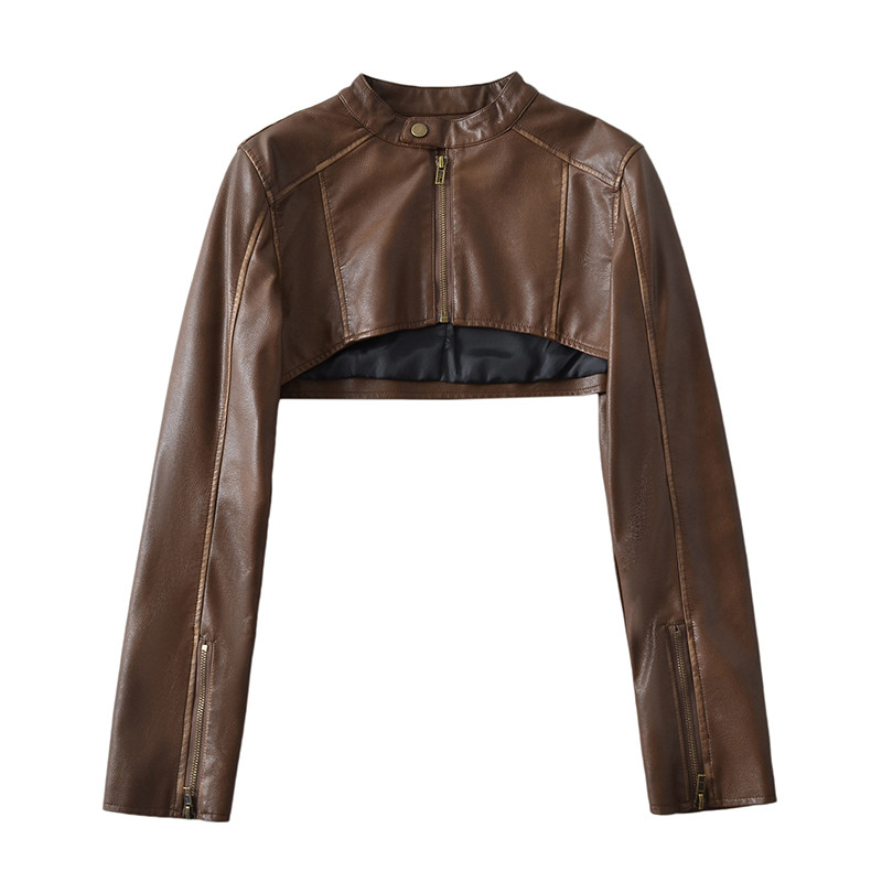 2023 m. gatvės apranga, moteriška plona O formos iškirptė dirbtinės odos trumpa striukė, senovinė moteriška, užtrauktuku užsegama saga Moto motociklininko paltai