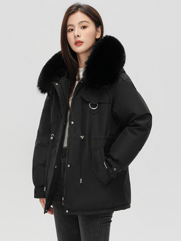 Iarna pentru femei 2023 Parka nouă, jachete cu guler de blană mare, căptușeală de blană, cu glugă, groasă, călduroasă, haină de zăpadă pentru femei