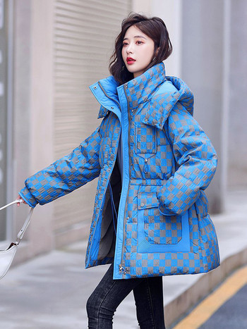 KBAT Корейско пухено яке Дамски зимни парки Карирани удебелени топли якета с качулка Дамско снежно палто Свободни дрехи с памучна подплата
