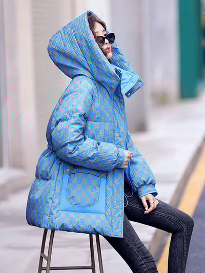 KBAT Jachetă de puf coreeană pentru femei Parka de iarnă în carouri cu glugă îngroșată Jachetă caldă pentru femeie haină căptușită din bumbac