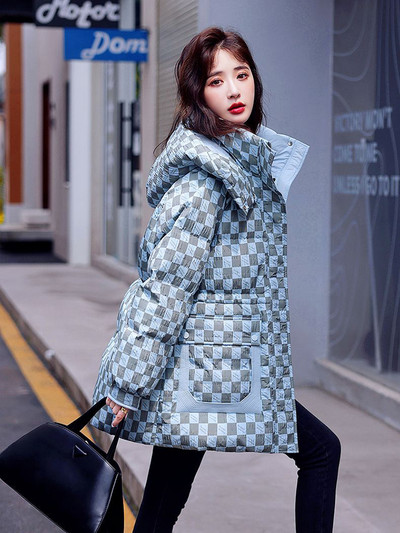 KBAT Jachetă de puf coreeană pentru femei Parka de iarnă în carouri cu glugă îngroșată Jachetă caldă pentru femeie haină căptușită din bumbac