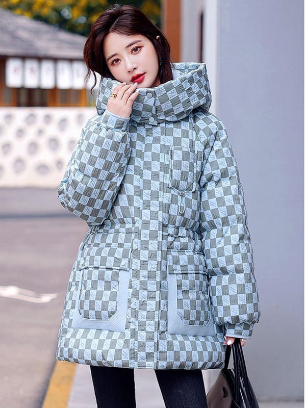 KBAT Jachetă de puf coreeană pentru femei Parka de iarnă în carouri cu glugă îngroșată Jachetă caldă pentru femeie haină căptușită din bumbac