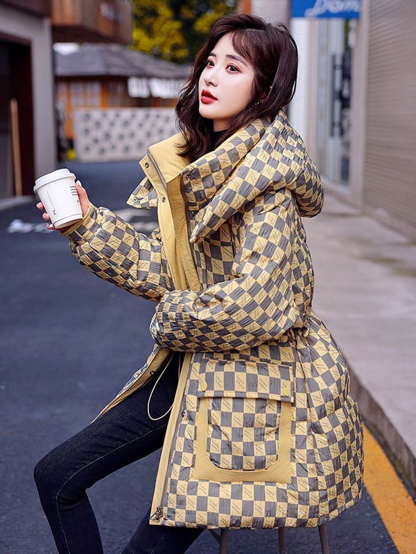 KBAT Jachetă de puf coreeană pentru femei Parka de iarnă în carouri cu glugă îngroșată Jachetă caldă pentru femeie haină căptușită din bumbac