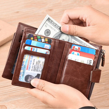 Мъжки портфейл за монети Моден RFID блокиращ мъжки кожен портфейл с цип Поставка за визитна карта ID Чанта за пари Мъжки портфейл