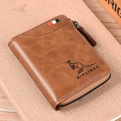 Мъжки портфейл за монети Моден RFID блокиращ мъжки кожен портфейл с цип Поставка за визитна карта ID Чанта за пари Мъжки портфейл
