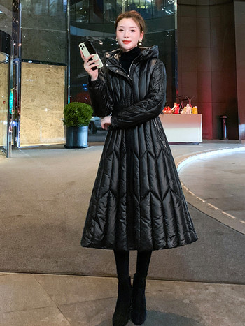 Зимни дамски якета 2023 г. Дълга парка с колан Дамско пухено яке Парка с качулка Топло ежедневно палто