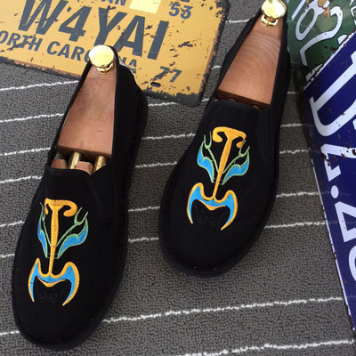 Vechi pantofi din pânză Beijing pentru bărbați, tipărire în stil tradițional chinezesc, machiaj facial, pantofi din pânză, broderie leneșă, pantofi cu talpă retro