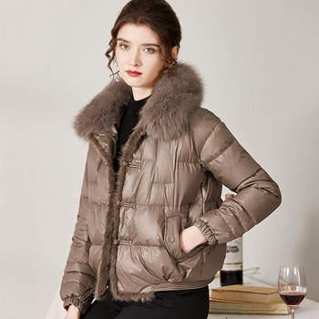 2023 ново зимно дамско палто с яка от истинска лисича кожа, 90% бяло палто с патешки пух, дамско късо, топло яке с копчета, ежедневно пухено яке
