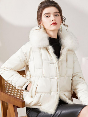 2023 ново зимно дамско палто с яка от истинска лисича кожа, 90% бяло палто с патешки пух, дамско късо, топло яке с копчета, ежедневно пухено яке