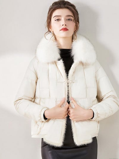 2023, noua iarnă pentru femei, guler de blană de vulpe, 90%, haină albă din puf de rață, scurtă, caldă, cu nasturi, parkas, jachetă pufă casual