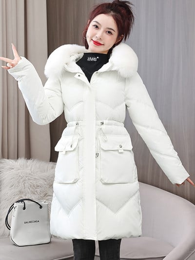 Parka căptușită din bumbac de iarnă 2023, haină lungă de zăpadă cu glugă, jachetă puf pentru femeie, pardesiu cald, cu șnur, îmbrăcăminte de îmbrăcăminte rezistentă la vânt