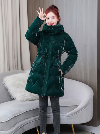 Ново лъскаво палто парка Дамско модно удебелено зимно свободно дълго яке 2023 г. с качулка Дамско ветроустойчиво, дъждоустойчиво топло връхно облекло