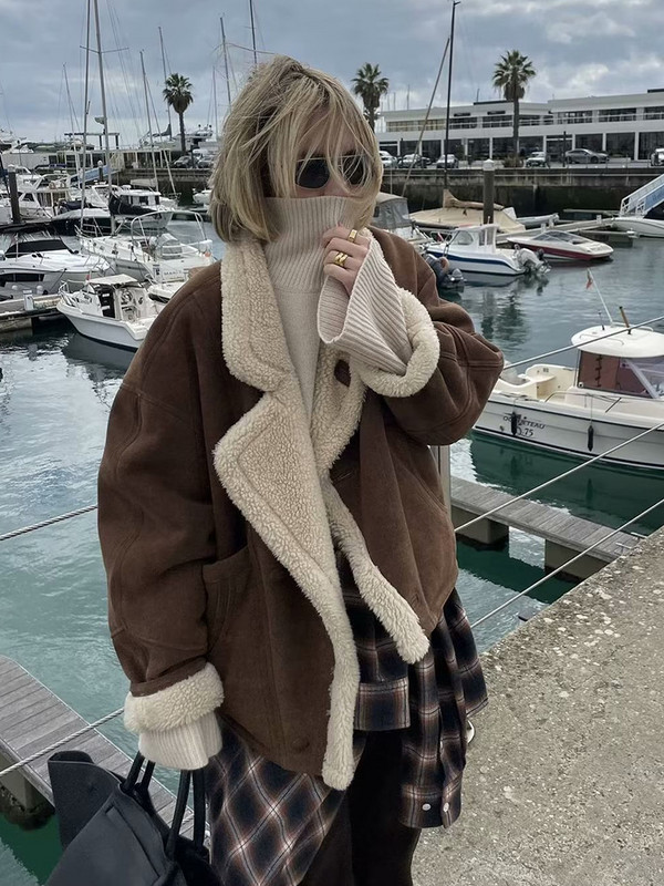 Modna prevelika široka janjeća jakna za žene Zima 2023. Flis kaputi s dugim rukavima Ženska hip-hop ulična pahuljasta gornja odjeća