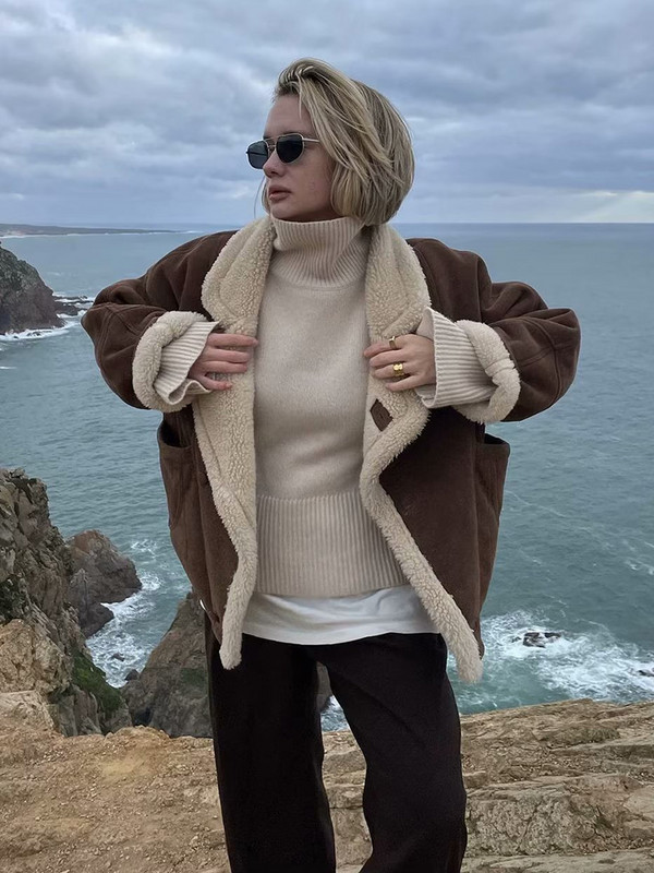 Modna prevelika široka janjeća jakna za žene Zima 2023. Flis kaputi s dugim rukavima Ženska hip-hop ulična pahuljasta gornja odjeća