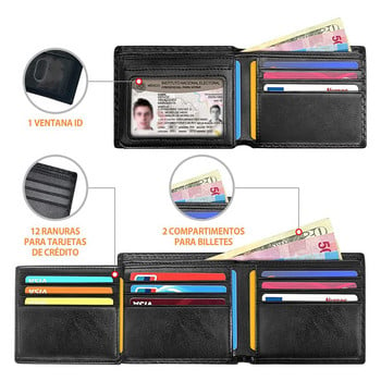 Тънък минималистичен портфейл с три сгъвания Мъжки портфейл с въглеродни влакна, блокиращ RFID, с прозорец за идентификация и 9 слота за карти