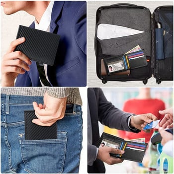 Тънък минималистичен портфейл с три сгъвания Мъжки портфейл с въглеродни влакна, блокиращ RFID, с прозорец за идентификация и 9 слота за карти