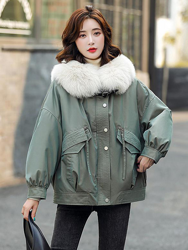 KBAT Jachetă nouă de iarnă pentru femei, cu guler mare de blană, parka caldă, din bumbac, căptușită, cu buzunar mare, îmbrăcăminte pentru femei, rezistentă la vânt