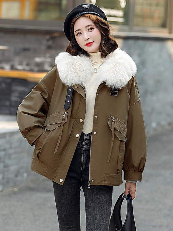 KBAT Jachetă nouă de iarnă pentru femei, cu guler mare de blană, parka caldă, din bumbac, căptușită, cu buzunar mare, îmbrăcăminte pentru femei, rezistentă la vânt