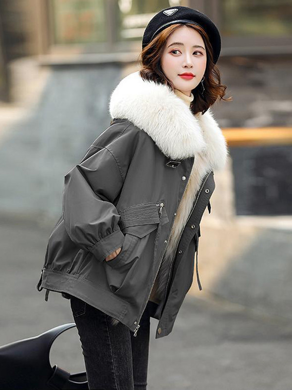 KBAT Jachetă nouă de iarnă pentru femei, cu guler mare de blană, parka caldă, din bumbac, căptușită, cu buzunar mare, îmbrăcăminte pentru femei, rezistentă la vânt
