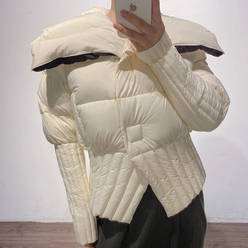 Jachetă pufă cu rever mare de iarnă 2023, pentru femei, cu mânecă lungă, ultra ușoară, albă, din puf de rață, haină pentru femei, îmbrăcămintea rezistentă la vânt