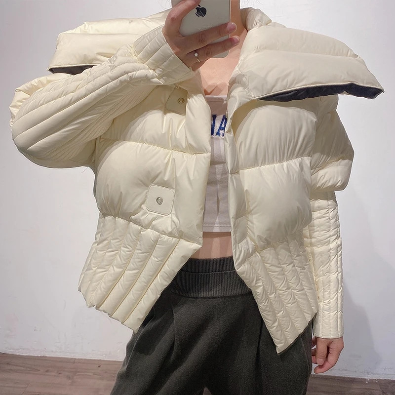 Jachetă pufă cu rever mare de iarnă 2023, pentru femei, cu mânecă lungă, ultra ușoară, albă, din puf de rață, haină pentru femei, îmbrăcămintea rezistentă la vânt