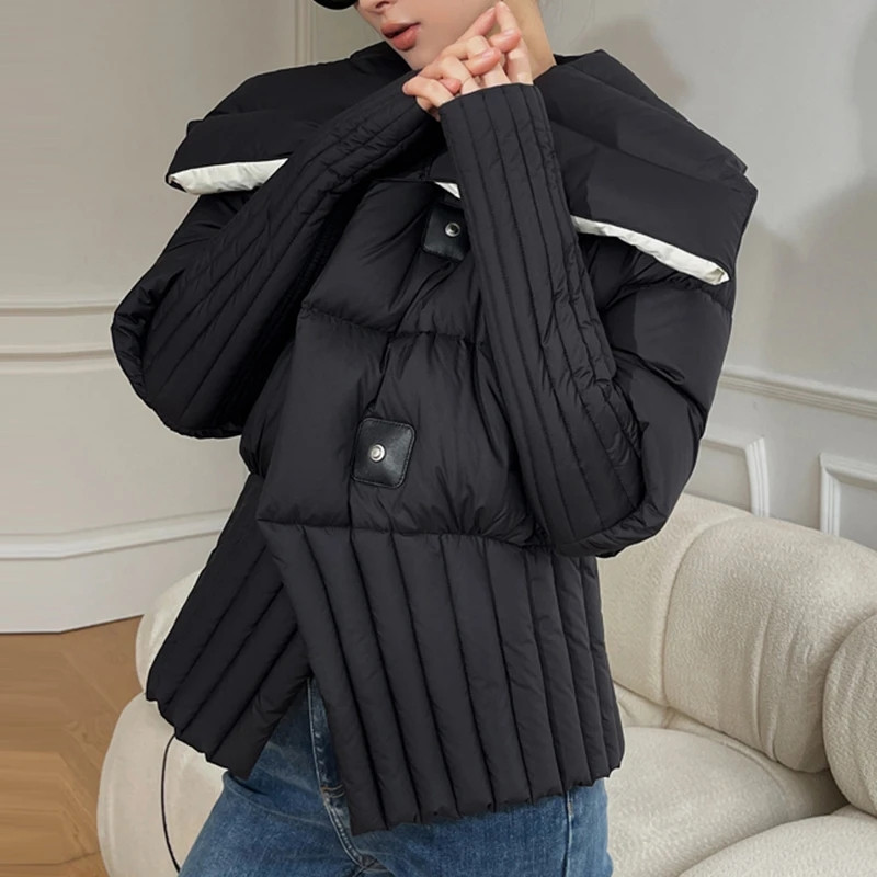 Jachetă pufă cu rever mare de iarnă 2023, pentru femei, cu mânecă lungă, ultra ușoară, albă, din puf de rață, haină pentru femei, îmbrăcămintea rezistentă la vânt