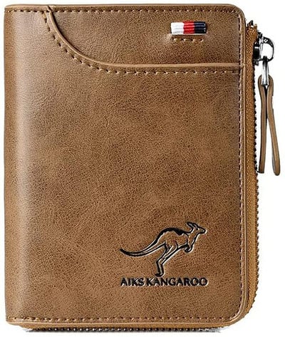 Portofel cangur Portofel bărbătesc din piele PU cu blocare RFID pentru bărbați, cu fermoar, cu fermoar, portabil pentru carduri de credit, de înaltă calitate