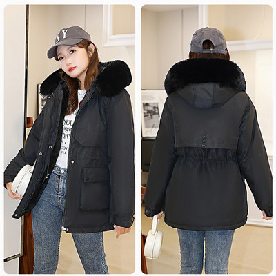 Jachetă de iarnă nouă 2023, parcă căptușită din bumbac caldă, haină cu șnur pentru femei, parka ocazională, căptușeală de blană, îmbrăcăminte cu glugă