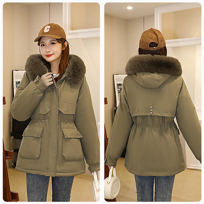 Jachetă de iarnă nouă 2023, parcă căptușită din bumbac caldă, haină cu șnur pentru femei, parka ocazională, căptușeală de blană, îmbrăcăminte cu glugă
