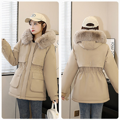 Jachetă de iarnă nouă 2023, parcă căptușită din bumbac caldă, haină cu șnur pentru femei, parka ocazională, căptușeală de blană, îmbrăcăminte cu glugă
