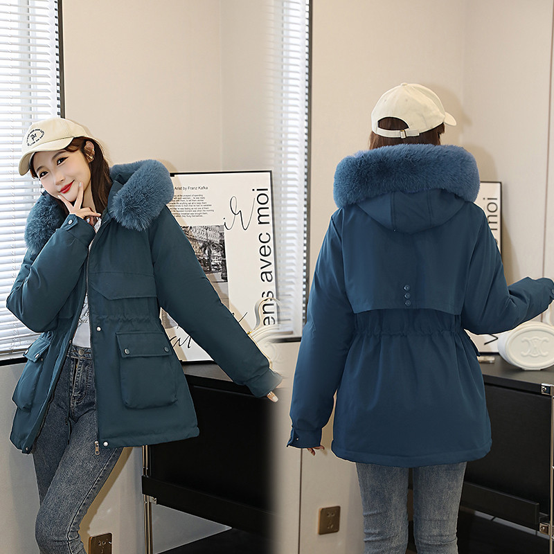 Jachetă de iarnă nouă 2023, parcă căptușită din bumbac caldă, haină cu șnur pentru femei, parka ocazională, căptușeală de blană, îmbrăcăminte cu glugă
