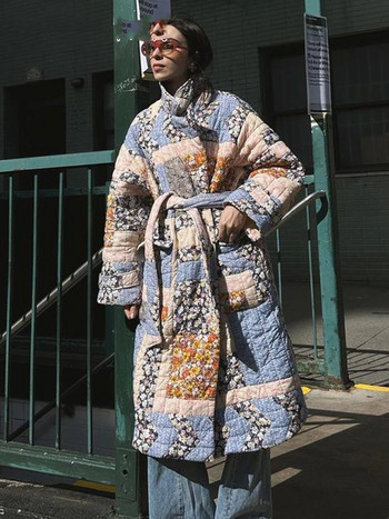 2023 г. Пачуърк, дълго ватирано яке с флорални щампи за жени, зимни палта с памучна подплата, дамски шикозни улични връхни дрехи