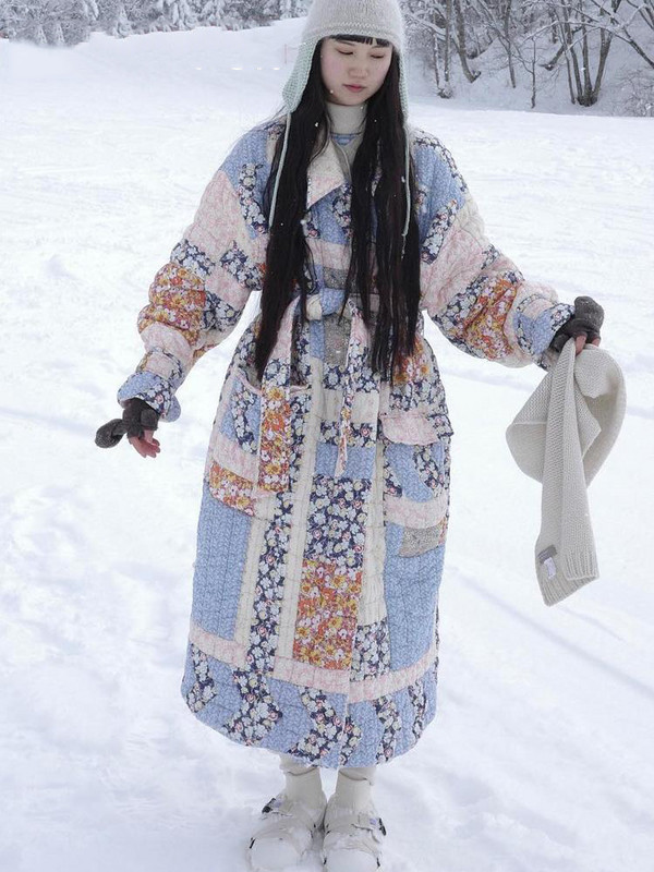 2023 Jachetă lungă matlasată cu imprimeu floral mozaic pentru femei, iarnă, căptușită din bumbac, pardesiu, haine de exterior șic pentru femei