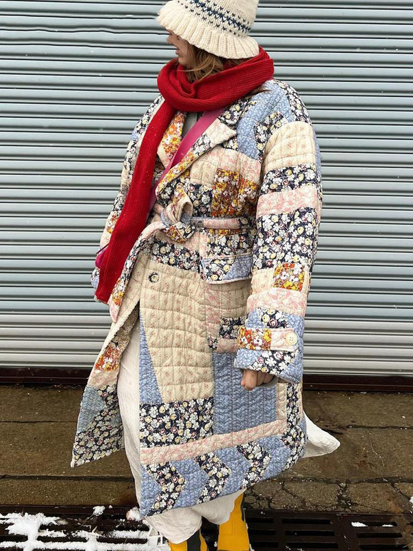 2023 Jachetă lungă matlasată cu imprimeu floral mozaic pentru femei, iarnă, căptușită din bumbac, pardesiu, haine de exterior șic pentru femei