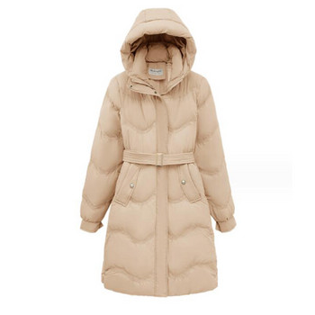 Зимни дамски пухени якета за 2023 г. Ултра леко топло ежедневно палто Дамско пухено яке с колан Парка с качулка Дълго палто