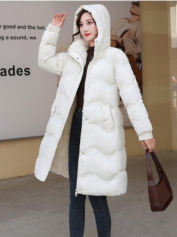 Зимни дамски пухени якета за 2023 г. Ултра леко топло ежедневно палто Дамско пухено яке с колан Парка с качулка Дълго палто