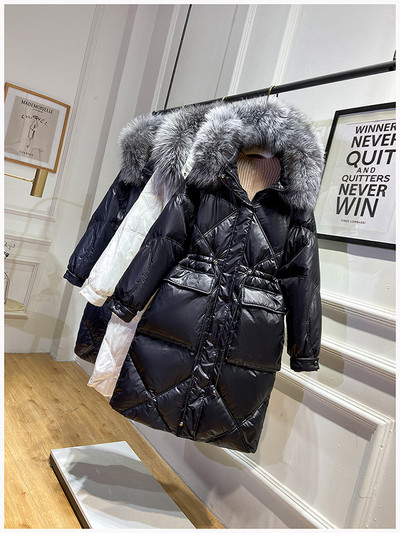 KBAT Jachete de puf de iarnă pentru femei, la modă, cu guler mare de blană, parkas supradimensionați, cu glugă, calde, lungi, puf, pardesiu căptușit pentru femei