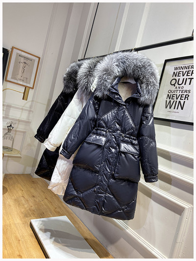 KBAT Jachete de puf de iarnă pentru femei, la modă, cu guler mare de blană, parkas supradimensionați, cu glugă, calde, lungi, puf, pardesiu căptușit pentru femei