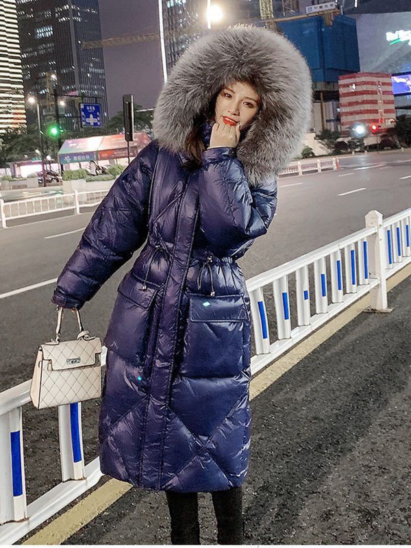 KBAT Jachete de puf de iarnă pentru femei, la modă, cu guler mare de blană, parkas supradimensionați, cu glugă, calde, lungi, puf, pardesiu căptușit pentru femei