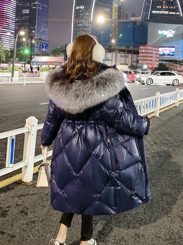 KBAT Jachete de puf de iarnă pentru femei, la modă, cu guler mare de blană, parkas supradimensionați, cu glugă, calde, lungi, puf, pardesiu căptușit pentru femei