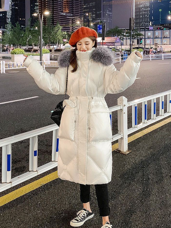 KBAT Jachete de puf de iarnă pentru femei, la modă, cu guler mare de blană, parkas supradimensionați, cu glugă, calde, lungi, puf, pardesiu căptușit pentru femei