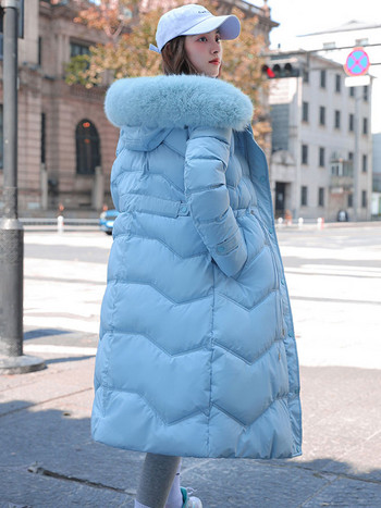 2023 Ново зимно дамско яке с памучна подплата Модно дълго парко Ежедневно палто с голяма кожена яка, женско ветроустойчиво топло връхно облекло