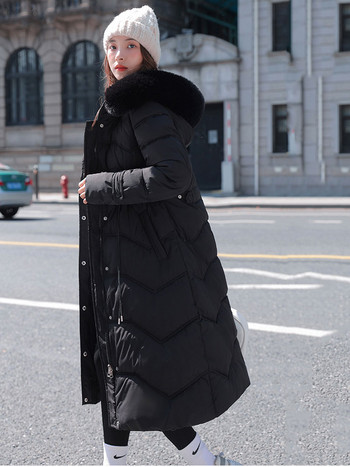 2023 Ново зимно дамско яке с памучна подплата Модно дълго парко Ежедневно палто с голяма кожена яка, женско ветроустойчиво топло връхно облекло