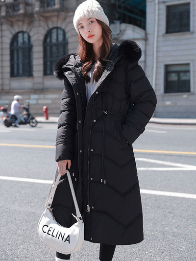 2023 m. Nauja žieminė moteriška medvilnine paminkštinta striukė, ilga parko laisvalaikio nuimama didelė kailio apykakle, moteriška, atspari vėjui šilti viršutiniai drabužiai
