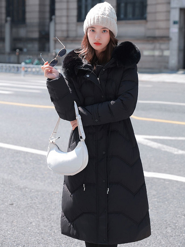 2023 m. Nauja žieminė moteriška medvilnine paminkštinta striukė, ilga parko laisvalaikio nuimama didelė kailio apykakle, moteriška, atspari vėjui šilti viršutiniai drabužiai