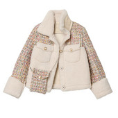 Haina caldă din lână de miel cu parfum mic coreean Jachetă mozaică pentru femei Jachetă scurtă de pluș de buzunar pentru femei.