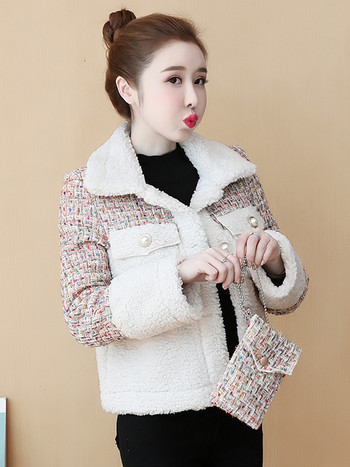 Топло палто от агнешка вълна с корейски малък аромат Дамско яке с пачуърк Дамско късо плюшено яке Свободно модно горно облекло