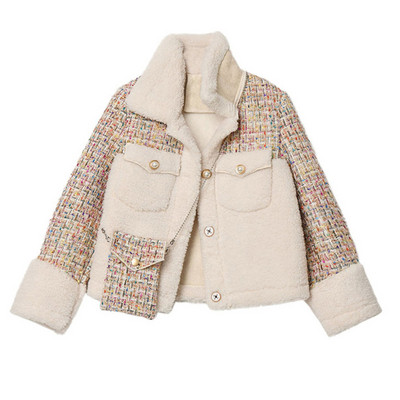 Haina caldă din lână de miel cu parfum mic coreean Jachetă mozaică pentru femei Jachetă scurtă de pluș de buzunar pentru femei.